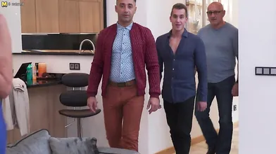 Sexy hairy housewife gets fucked in both holes by three guys and all her boyfriend can do is watch.