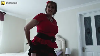Horny British mature woman playing with her unshaved pussy and her round natural tits