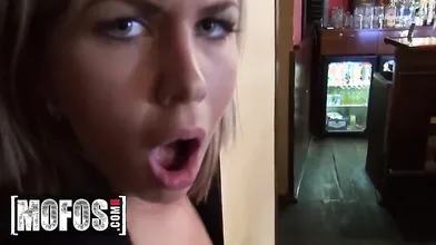 MOFOS - Barmaid Rihanna Samuel Gets A Pounding And A Messy Cumshot From A Customer Behind The Bar